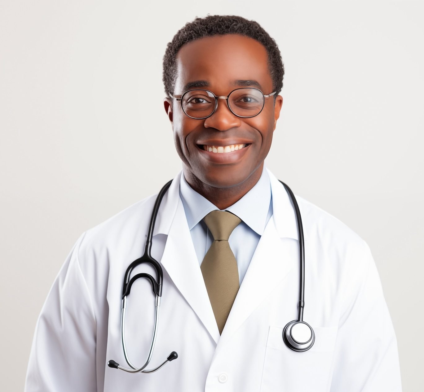 Black smiling doctor on a white background. World of Medicine. Personal care profession. Medical studies. Afro american doctor. Africa. Images for graphic designers. Image for communication. AI.